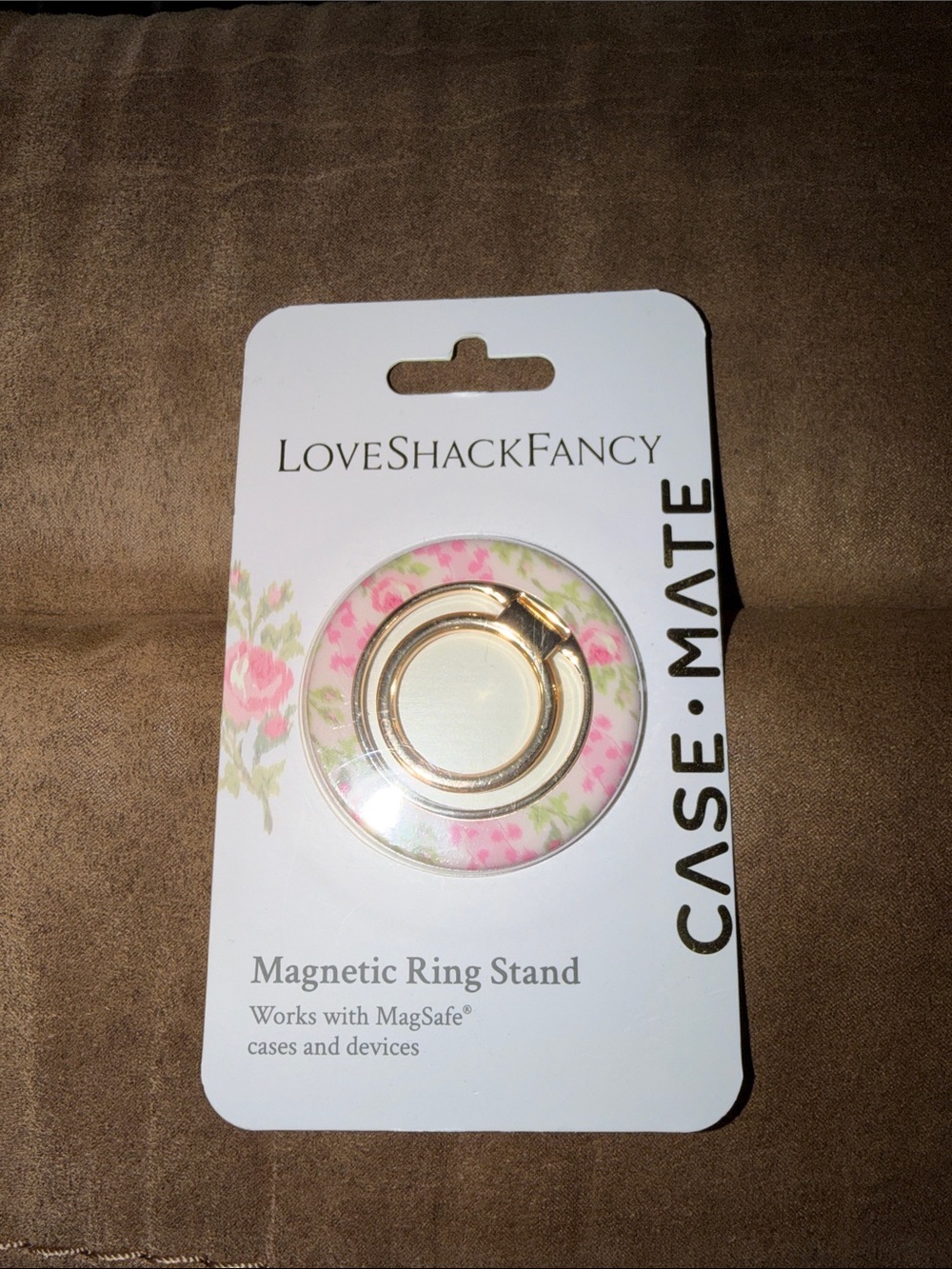 LoveShackFancy Floral Gold Magnetic Phone Ring Stand — Pink Rose Accent